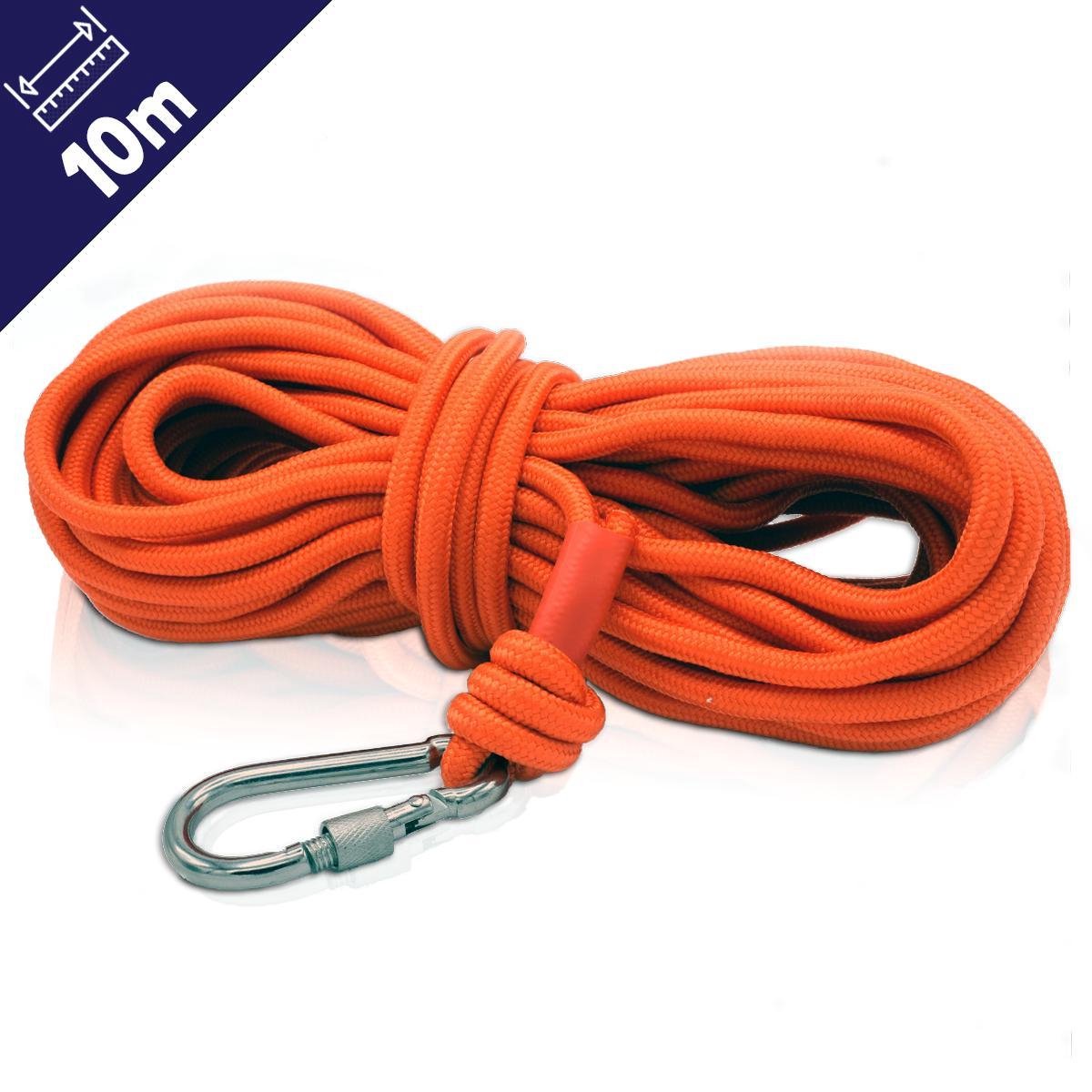 Magfishion® Vismagneet Touw - 10 Meter - Karabijnhaak - 500 KG Trekkracht - Dik Touw met Musketonhaak - Oranje