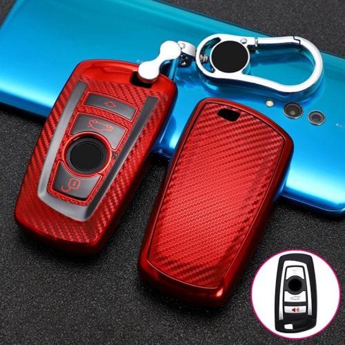 Voor BMW Square 4-knops A-versie Auto TPU Sleutel Beschermhoes Sleutelhoes met sleutelring (rood)