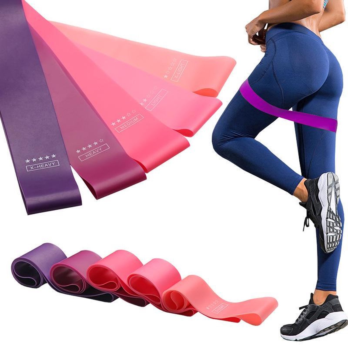 Nixnix- Weerstandsbanden set - 5 stuks - elestiek band fitness- 5 roze verschillende weerstandsniveaus - Booty band - Premium