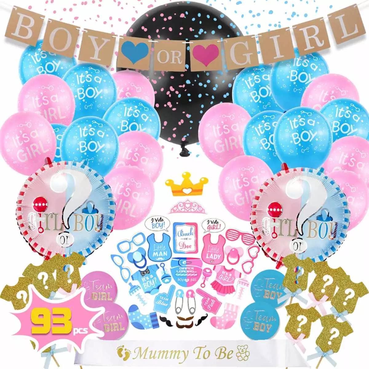 Grote gender reveal set - 93 stuks - Twee teams (jongen/meisje) - Ballonnen