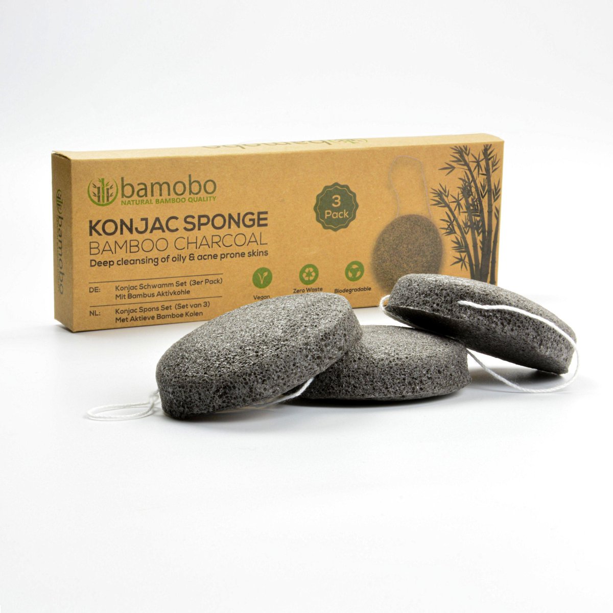 Bamboe Konjac Spons (set van 3) - Reinigt de Huid en helpt tegen Acne en Eczeem - Voor een zachte stralende huid - Bamboe Charcoal Spons