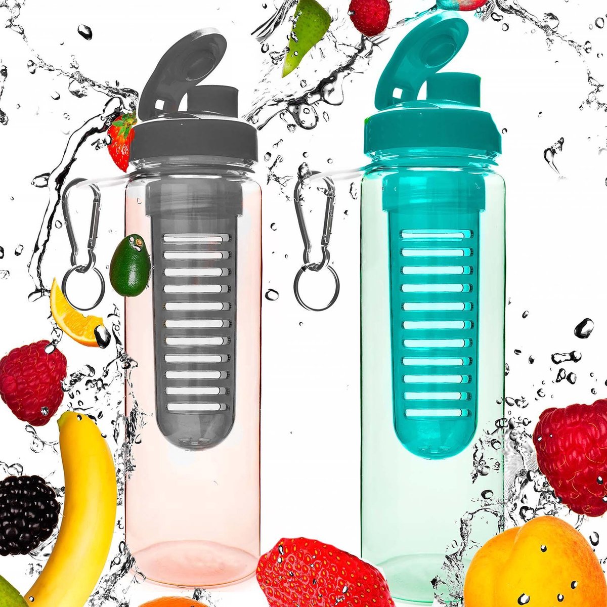 #DoYourFitness - 2x Fruitwater fles - »FruitInfusior« - Fruit infuser voor fruitpunches / groente spritzers - 700ml - zwart/turquoise