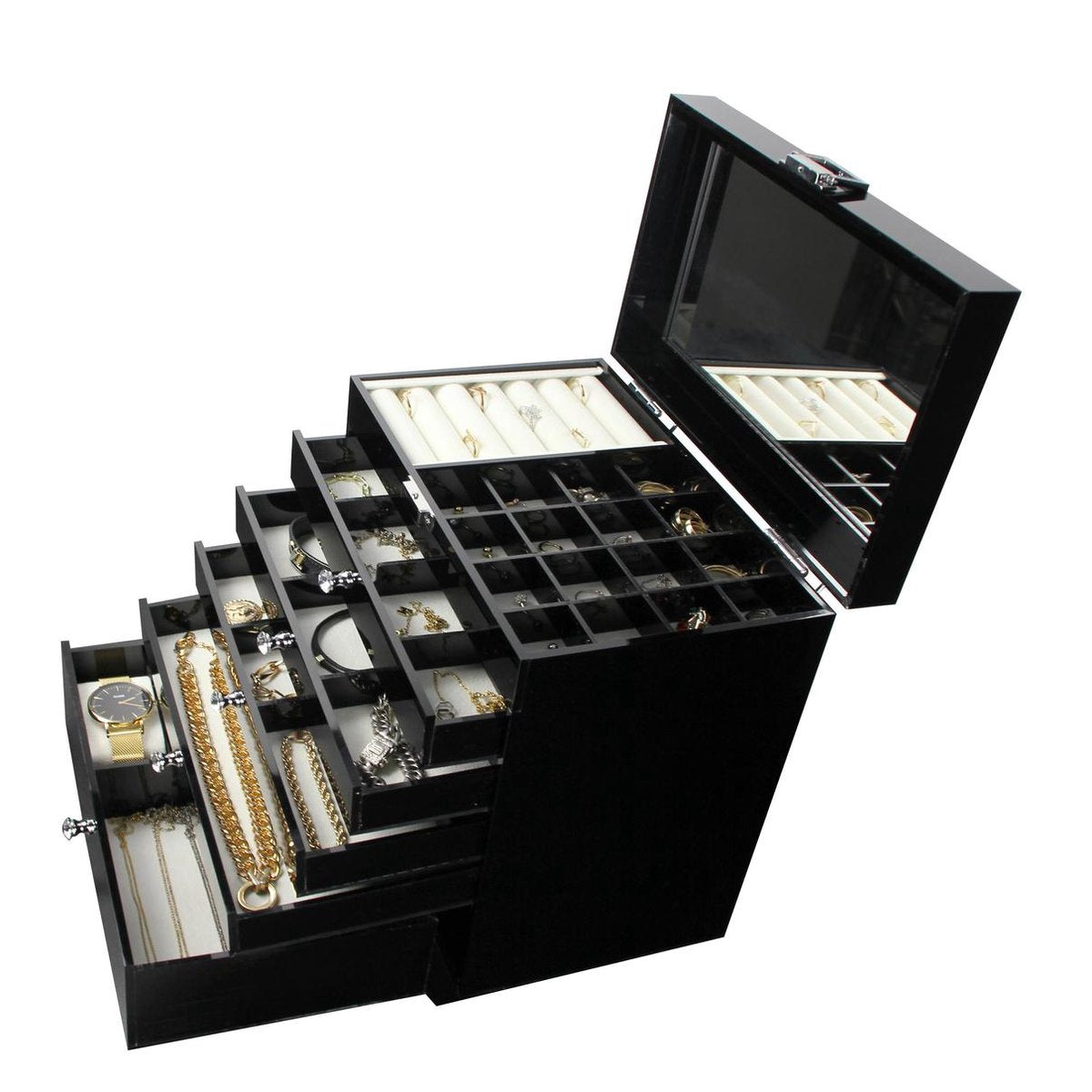 Sieradendoos Dione| Zwart| 6 Lades | Sieraden organizer | Jewellery organizer | Sieraden opbergen | Opberg box | Organizer | Velvet onderkant | Ringen display|  Jewelery organizer | Jewellery box | Jewelery box | Sieradenbox | Organizer | Beautybox |