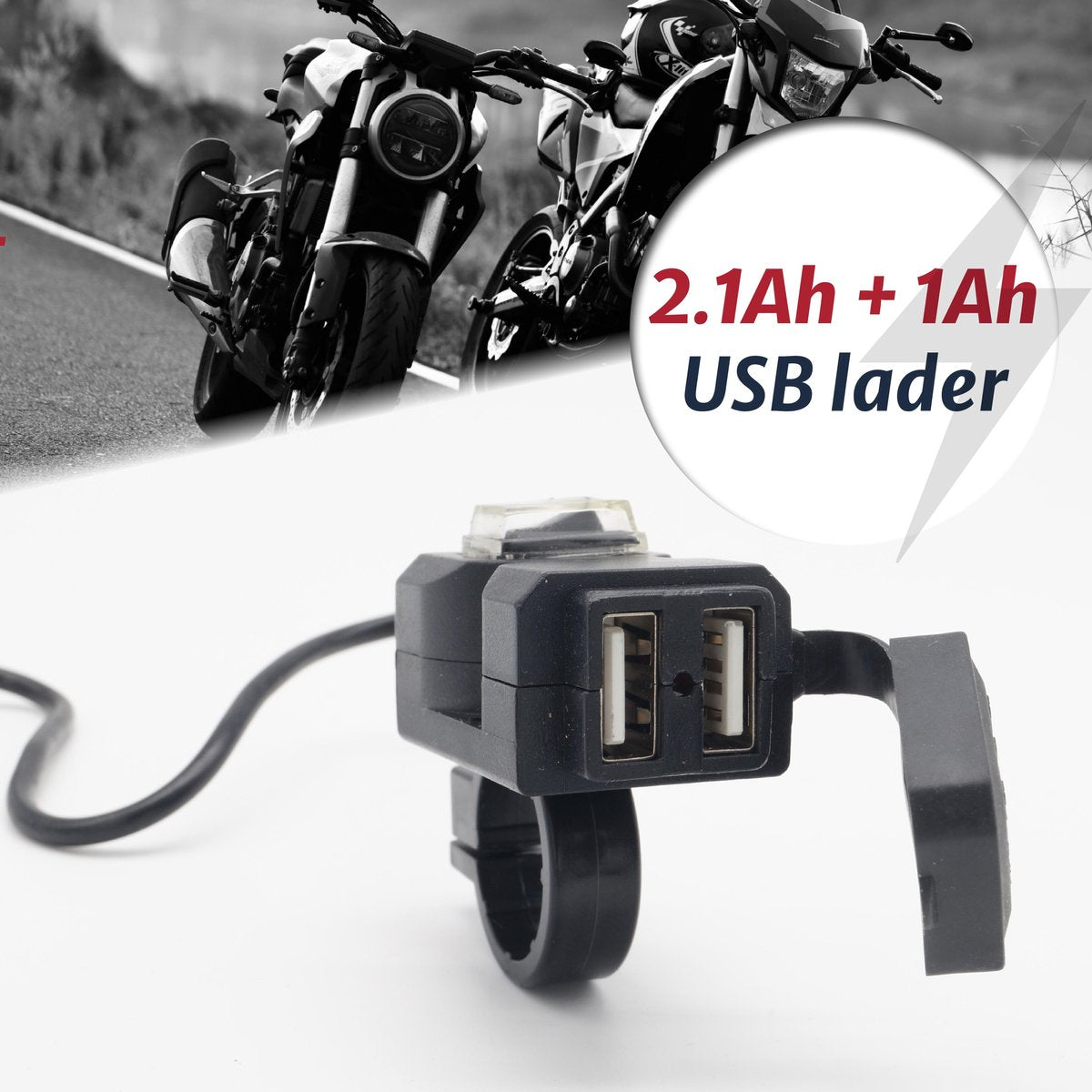 Dubbele USB aansluiting motorfiets - 12V 1Ah & 2.1Ah - USB lader motor scooter brommer - inclusief gratis profieldieptemeter