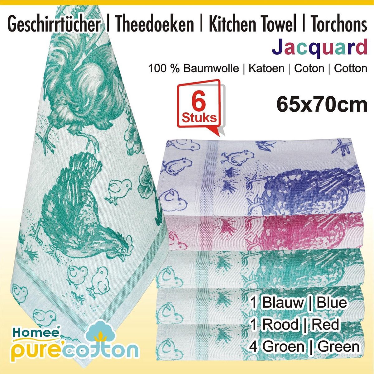 Homéé® Theedoeken hen jacquard 100% katoen - set van 12 stuks - 65x70cm