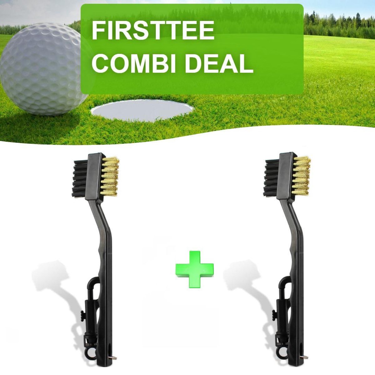 Firsttee - Schoonmaakborstel golfclub - 1+1 COMBI DEAL - MET Ophanghaak - Staal Borstel - Schoonmaak - Cleaner - Golf accessoires - Cadeau - Golfballen - Mat - Sport - Training - Golfset - Trolley - Golftrainingsmateriaal - Trainingsmaterialen - Tees