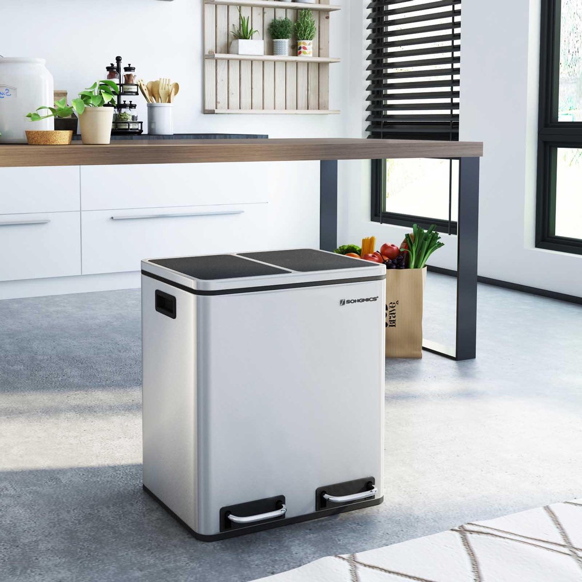 SONGMICS Afvalbak 30 L Afvalscheiding Afvalscheidingssystemen met 2 binnenemmers Pedaalemmer voor keuken RVS 2 x 15 L LTB30H