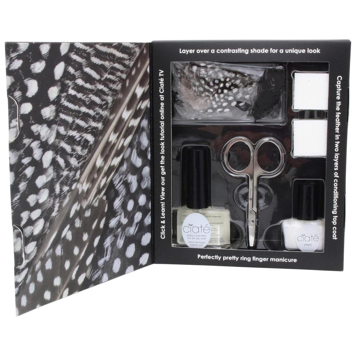 Ciate Feathered Manicure What A Hoot Geschenkset 13.5ml Schnelltrockenlack Speed Coat Pro 014 + 5ml Mini Nagellack - Snow Virgin 001 + Schere + Nagelfeile Block + Federn