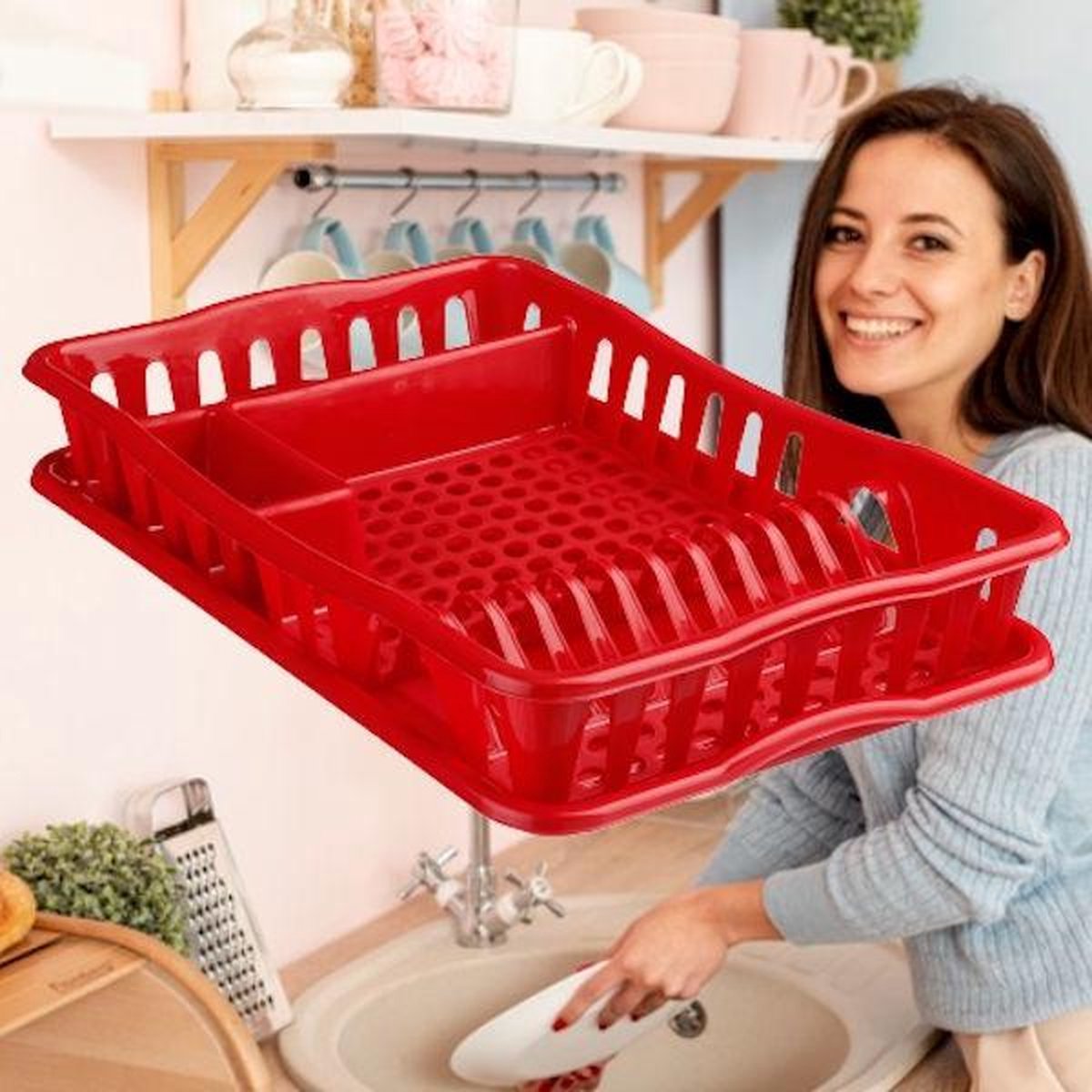 Decopatent® Afdruiprek voor afwas - Afdruiprekje met Lekbak - Kunststof Afdruipmat -  Afwassen borden & bestek - 32.5x49x9 - Rood