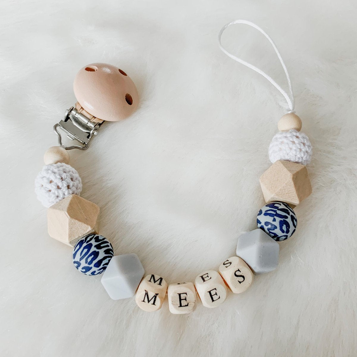 Babybeads - Speenkoord met naam - Tijgerprint met grijstinten