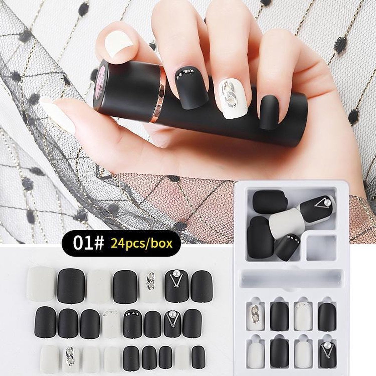 Herbruikbare Kunstnagels Strass #1 Zwart/Wit Mat 24st.