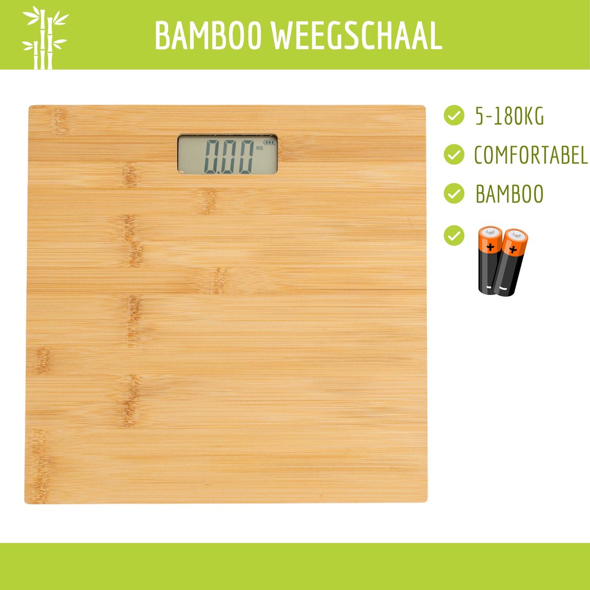 Weegschaal - Bamboo - Personenweegschaal - Digitaal - Incl. batterijen - Max. 180Kg - Bamboe - 30 x 30 Cm