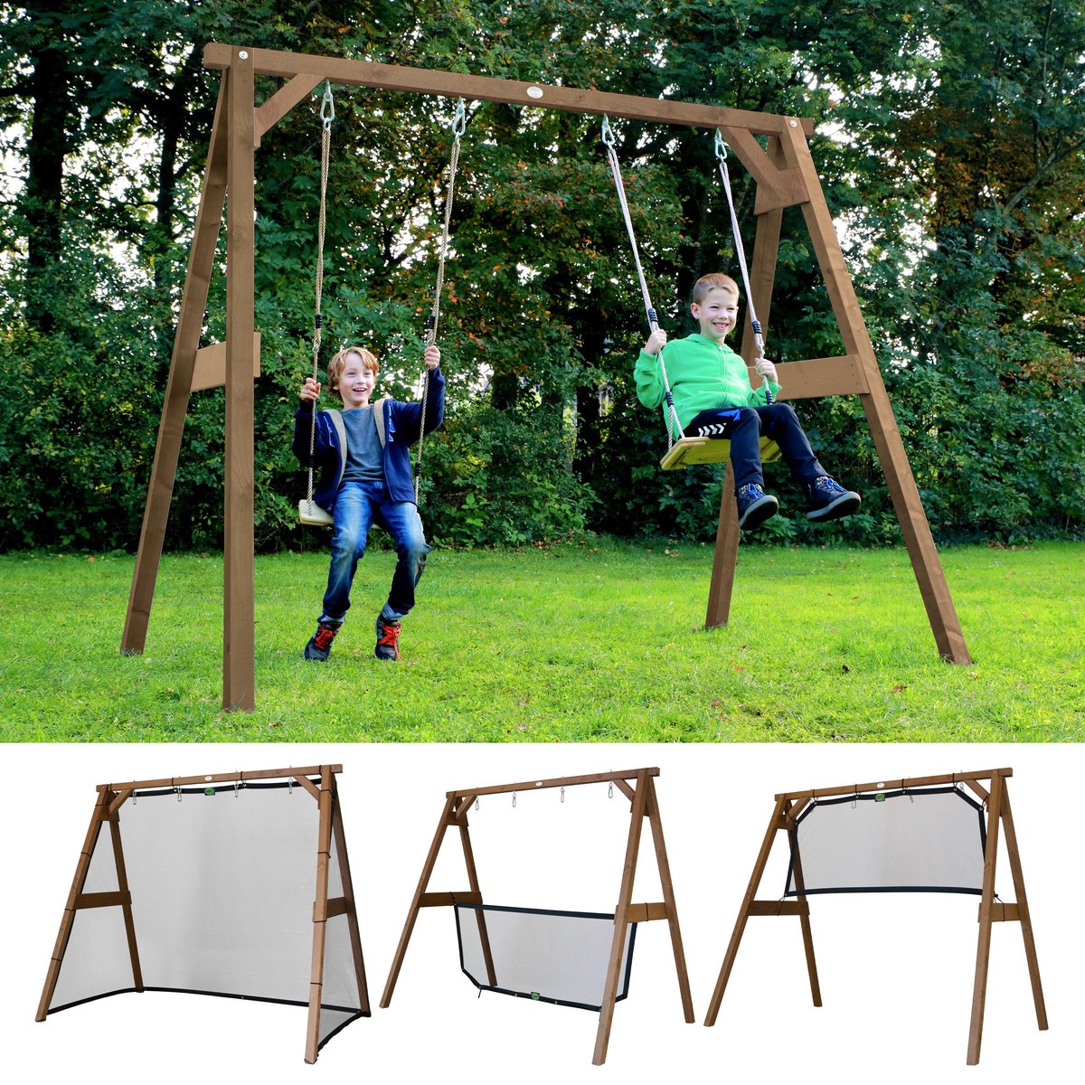 4-in-1 SportsFun Bruin - FSC 100% Hout - Wisselen tussen schommel - voetbal - volley - tennis