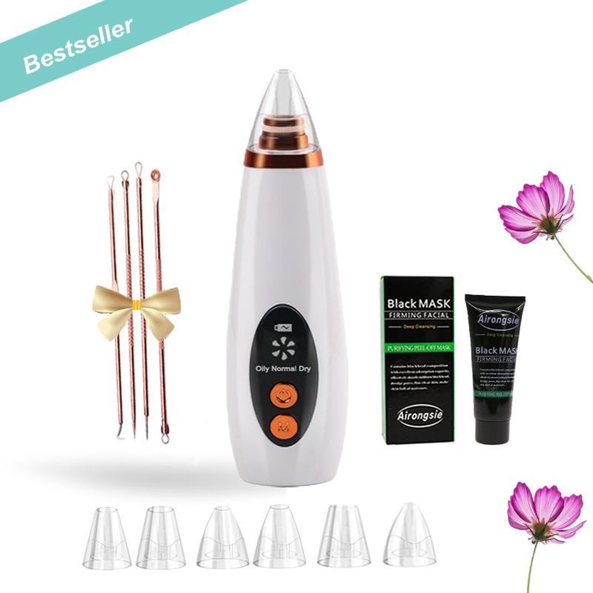 Premium Blackhead Remover | Poriënreiniger | Mee-eters verwijderen | Acne | Comedonenlepels | Gezichtsborstel | 6 opzetstukken en gezichtsmasker