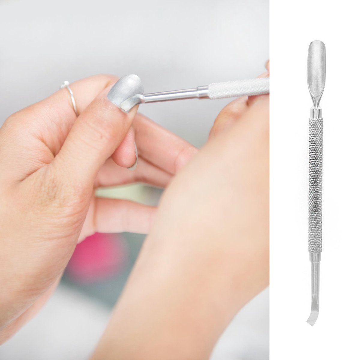 Beautytools Manicure Bokkepoot/Nagelriem Duwer Voor Vingernagels - Cuticle Pusher - Dubbelzijdig (Brede gebogen kant / Rechte kant) (14 cm) - (NP-0294)