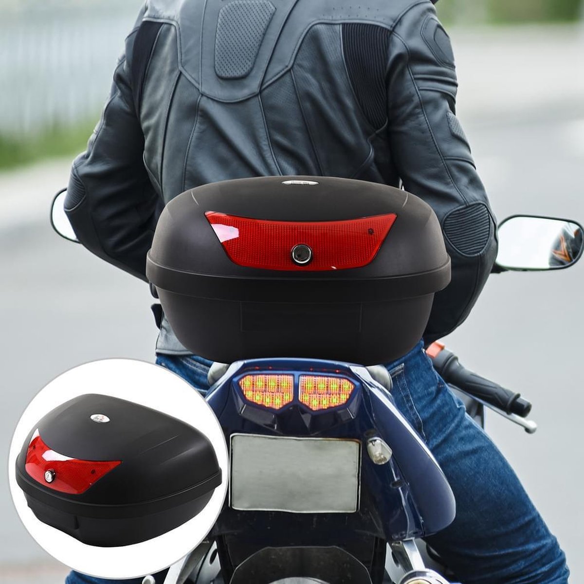 Large Motorkoffer - Topkoffer Helmoffer Voor Scooter/Motorfiets - Scooterkoffer Met Relector - Bagage Koffer Box Voor Boodschappen/Helm- Afsluitbaar - Inclusief Slot & 2 Sleutels - 48 Liter - Zwart/Rood