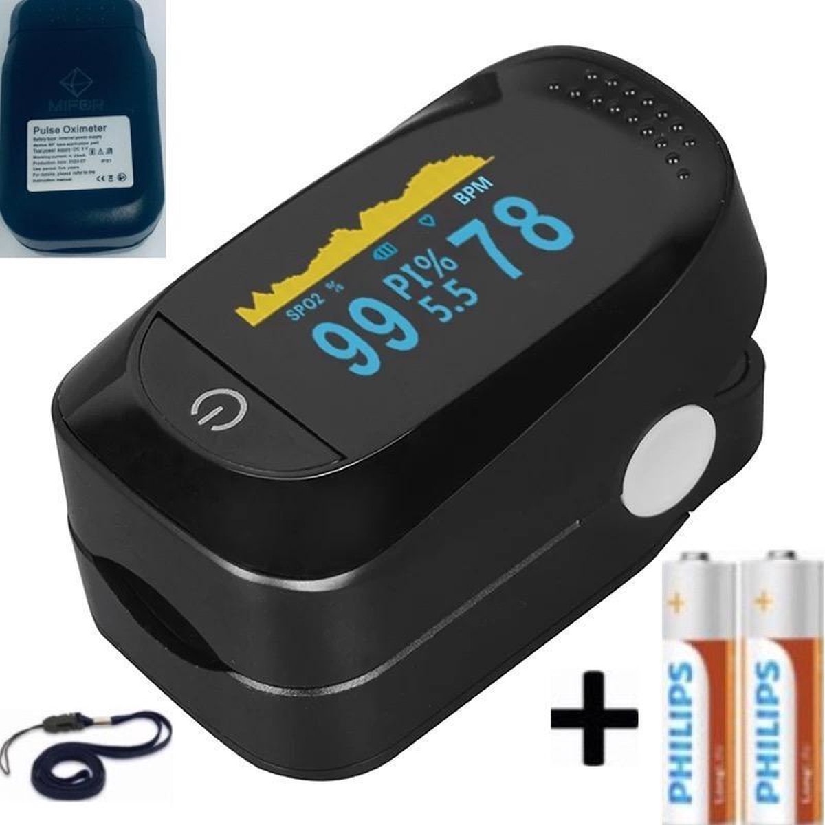 MIFOR® Professioneel Saturatiemeter met Hartslagmeter - INCL. BATTERIJEN & DRAAGKOORD - Oximeter Spo2 - OLED Display - Zuurstofgehalte - Zuurstofmeter Vinger - Zwart