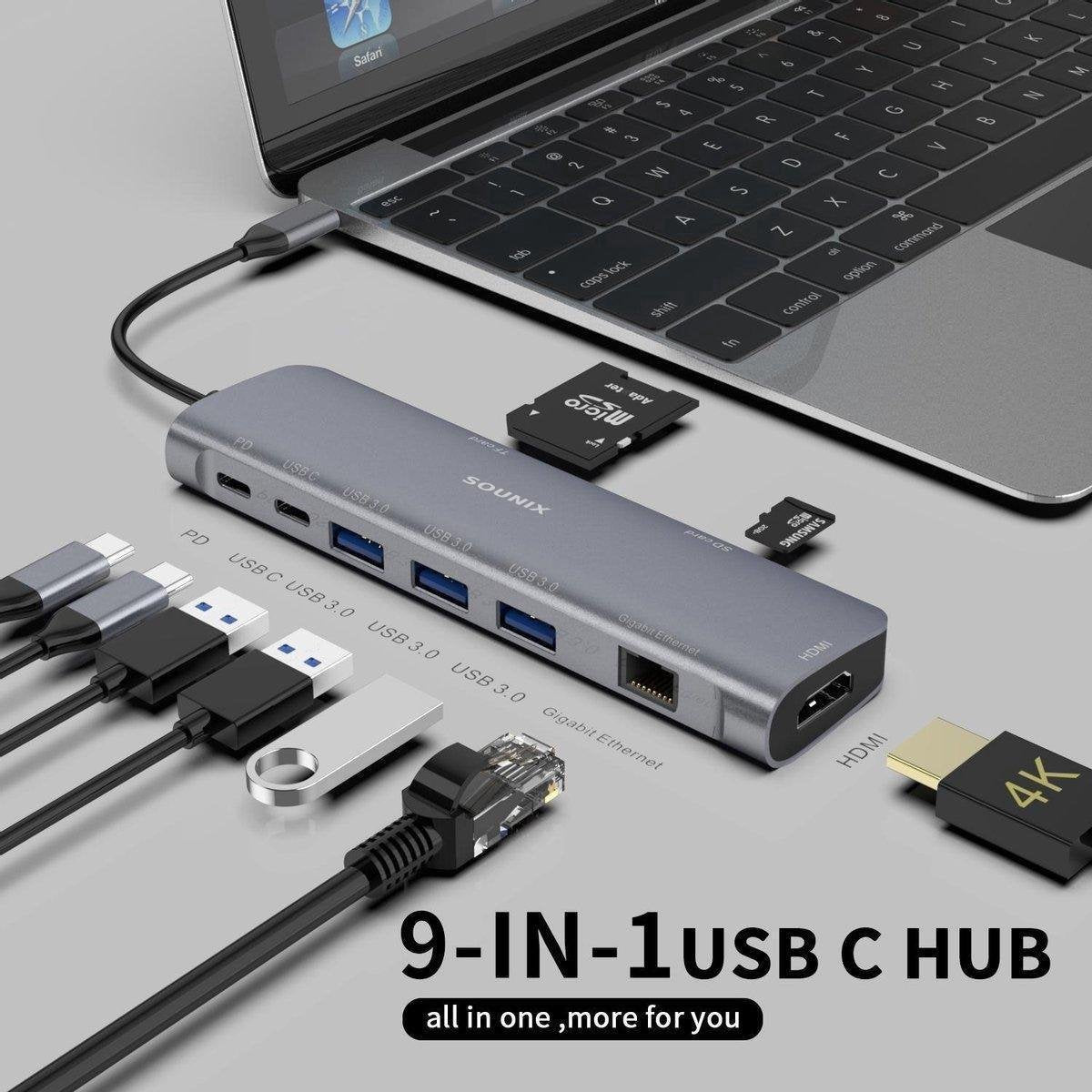Sounix XR9 - Docking Station - 9 in 1 USB-C Hub - Docking Station voor Laptop  - HDMI - USB - Micro SD - Gigabit RJ45