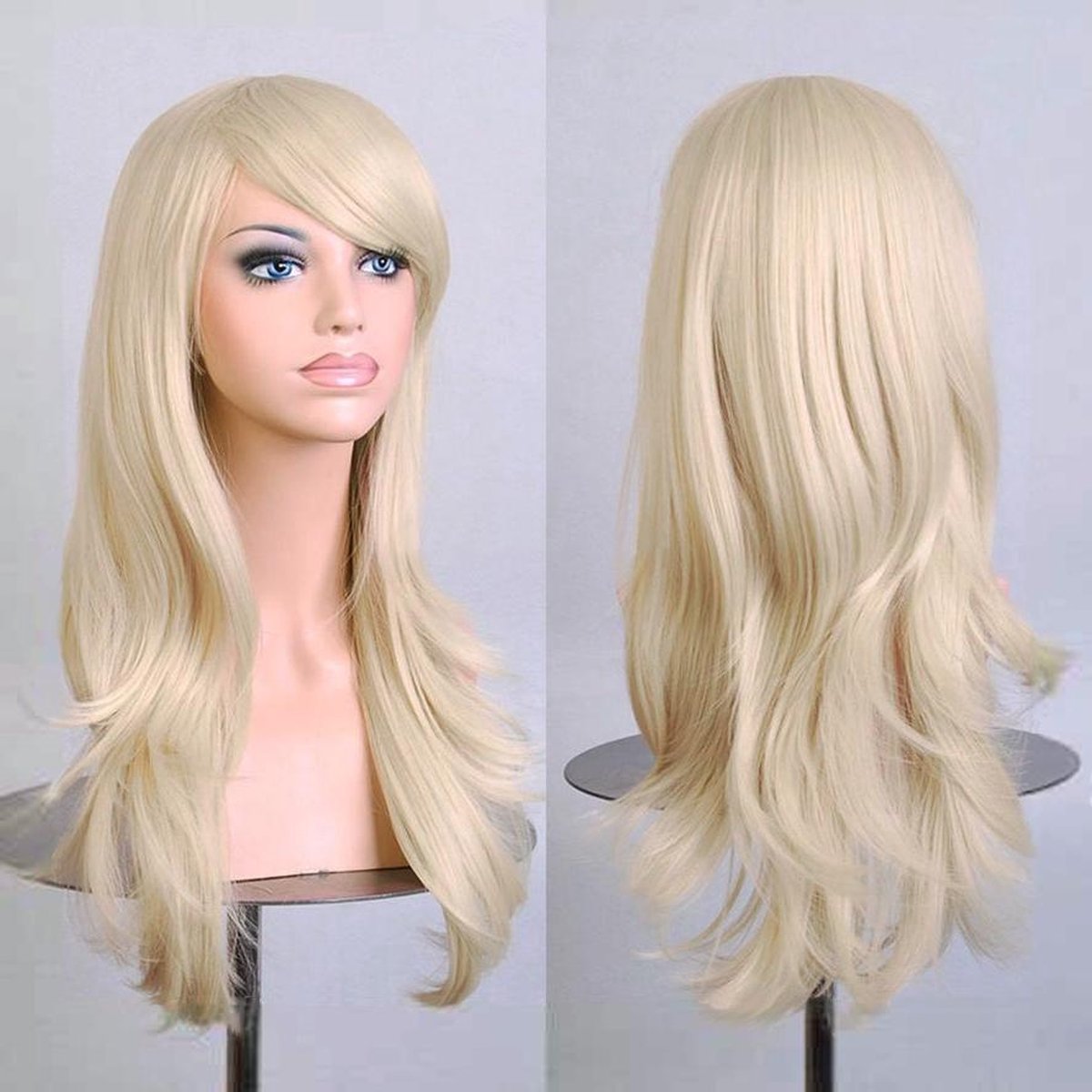 KIMU luxe lange lichtblonde pruik schuine pony - witblond lady gaga