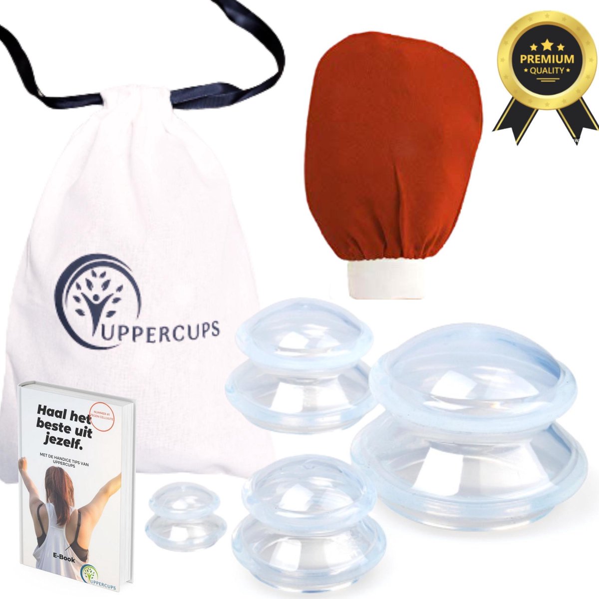 Uppercups Anti Cellulite Cupping Set Massage - Gratis Scrubhandshoen en E-book - Siliconen Massage Cups - Cupping voor Vermoeide Benen - Transparante Cups