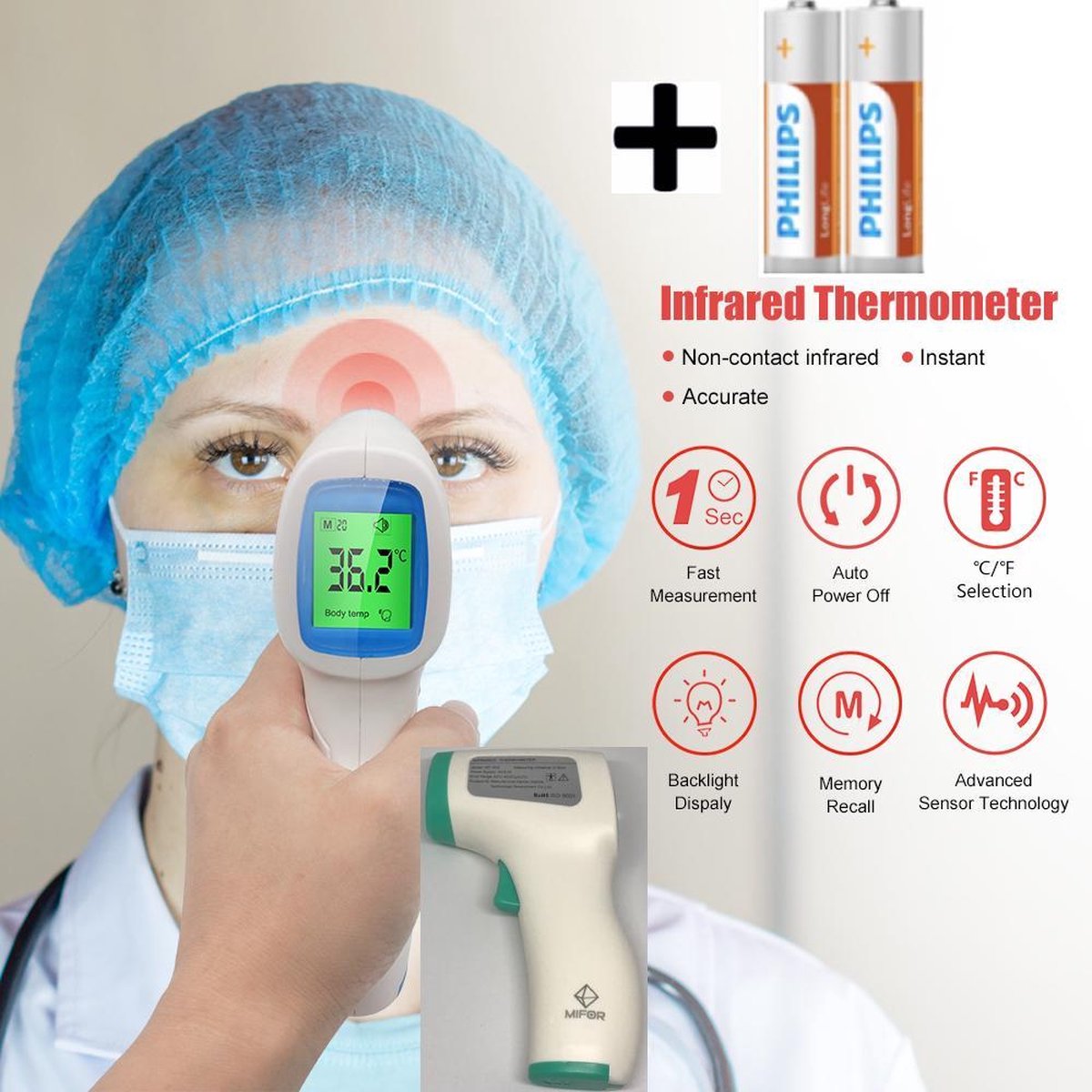 MIFOR®  Professionele Infrarood Thermometer - GRATIS BATTERIJEN - 1 SECONDE METING - Display Kleurverandering bij verhoging - Kleur Groen