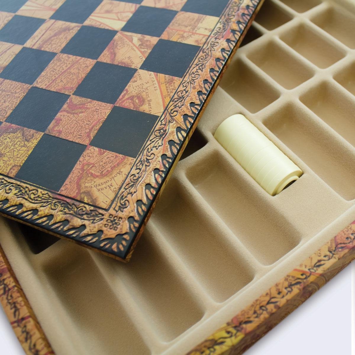 Luxe schaakset - Mignon flower stukken klassiek goud zilver met opbergbox wereldkaart - 28 x 28 cm