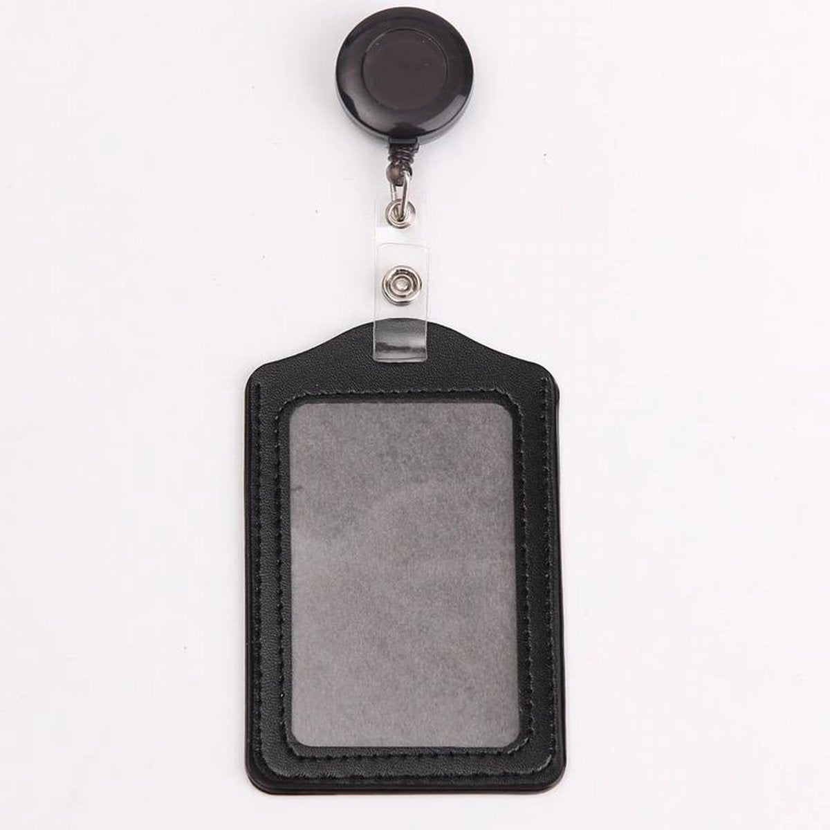 Badgehouder met trekkoord 60 cm - clip - afrolmechanisme - PU leder verticaal zwart