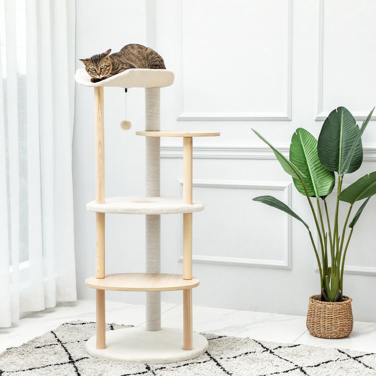 Baymate Krabpaal Cando Cat's Activity Center met dubbele condos Zachte zitstok Volledig ingepakte krabpalen van sisal voor katten AMT0075BG
