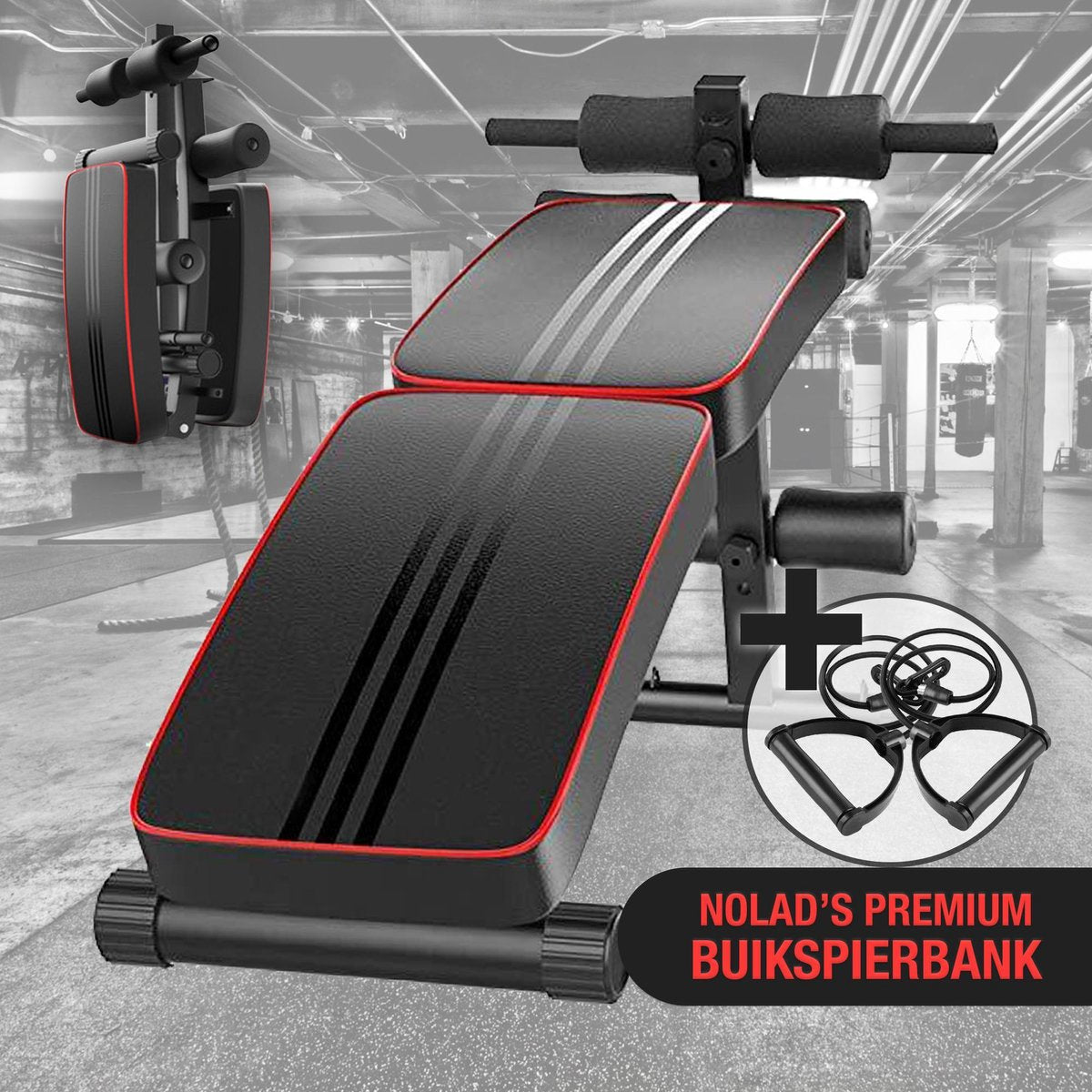 Nolad® Premium Fitnessbank - Buikspierbank - Trainingsbank - Buiktrainer - Buikspieren - Ab trainer - Inklapbaar - Inclusief weerstandsbanden - Zwart/Rood