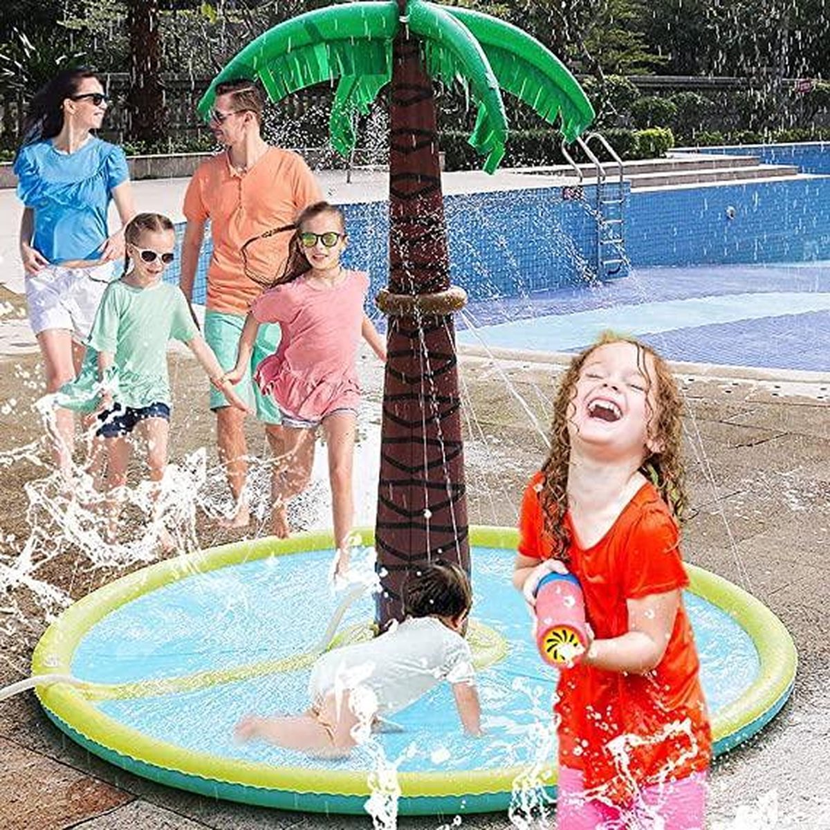 Waterspeelmat met fontein - 180x180x150 cm - water fontein - waterpark - opblaasbare palmboom watermat - zwembad - waterfun - waterspeelgoed - camping - vakantie - zomer