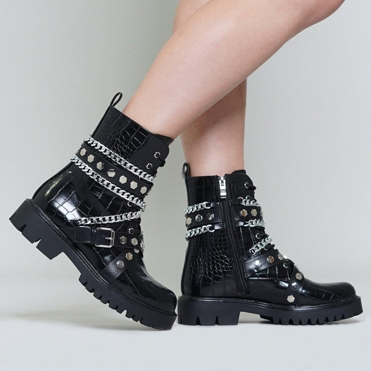 Zwarte lederlook kroko laarsjes met details 38 / Zwart