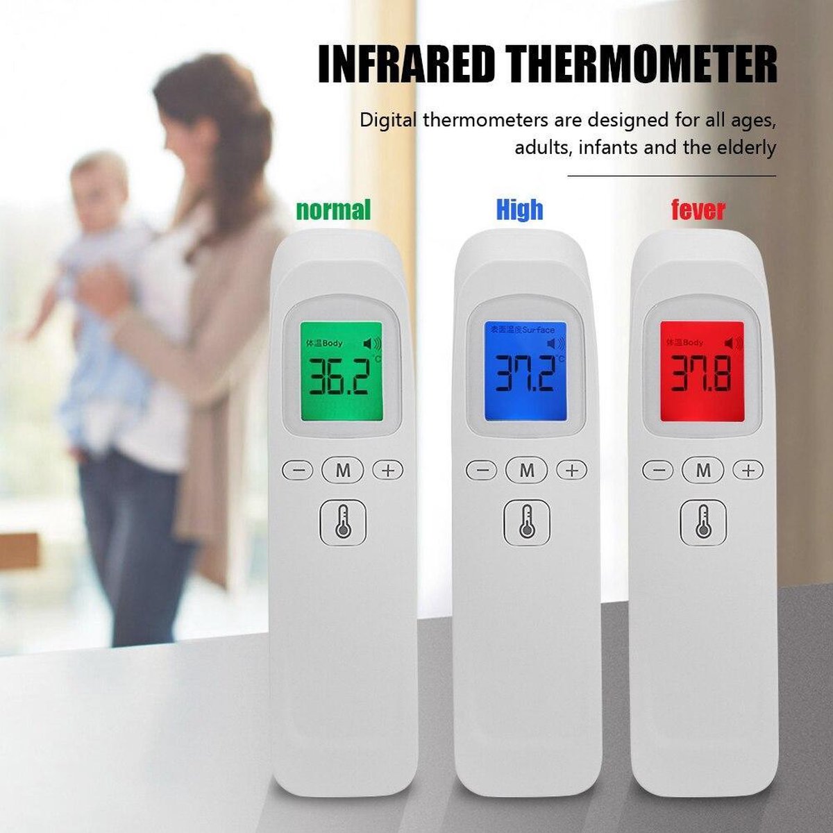 Professionele multi thermometer - Draagbare thermometer - Non-contact - Multi toepasbaar - IR Infrarood – Thermometer - Digitale Thermometer - Voorhoofd - Oppervlakte - LCD – Koorts - Temperatuur - met Achtergrondverlichting - voor alle leeftijden