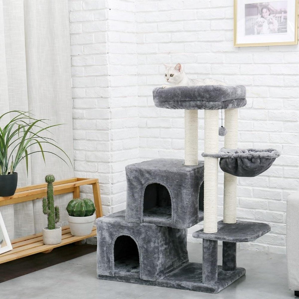 Baymate Huisdier Krabpaal Huis Toren Condo Hout Kat Krabben Sisal Bedekte Krabpalen Pads met Speelbal voor Katten Kitten AMT0060GY