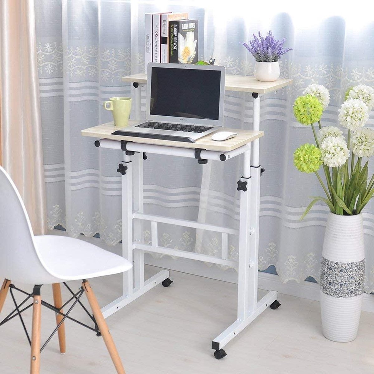 HN® Laptoptafel Zit-sta Wit | Computertafel | In hoogte verstelbaar | Multifunctioneel | Laptoptafel op wieltjes | 70 cm tot 115 cm | Bijzettafel