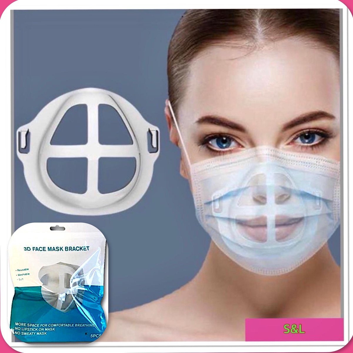 S&L 5 stuks - Mondkapje Houder + 5x anti slip sticker - Mondmaskerhouder - Voor Comfort - Innermask Silicone Mondkapjes - Mondmasker Beugel - Wasbaar - Herbruikbaar - Face Mask - Gezichtsmasker - Mondkapje Ondersteuning - Bracket 3D - Voor Mondkapje