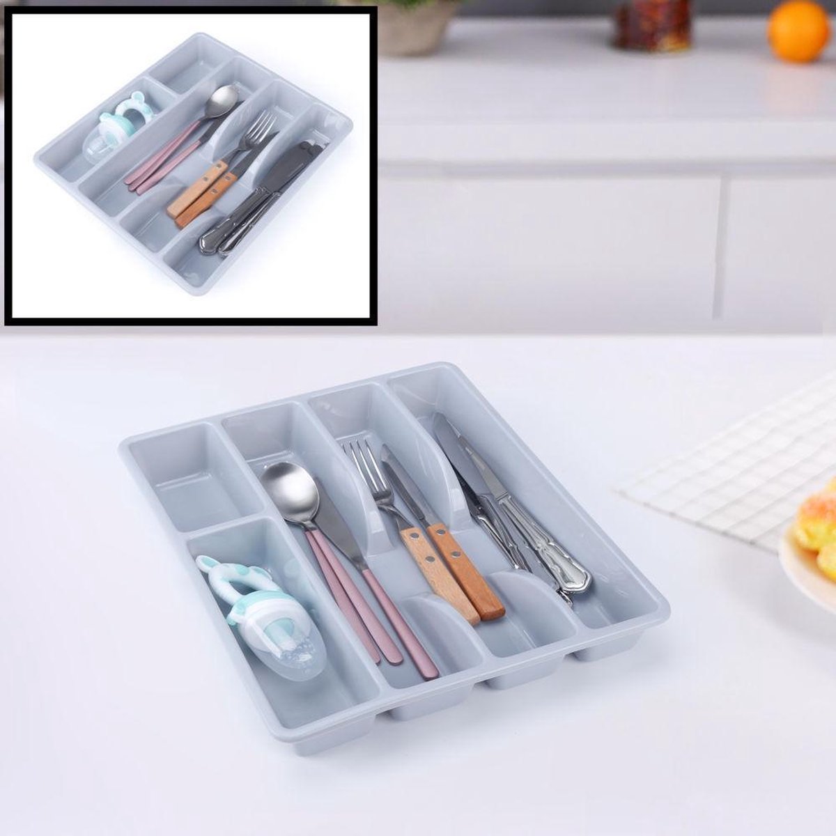 Decopatent® Besteklade - Met 5 Vakken - Bestekbak - Kunstof - Bestekbakken - Keukenla bestek organizer - 26 x 31 x 4.5 Cm - Grijs