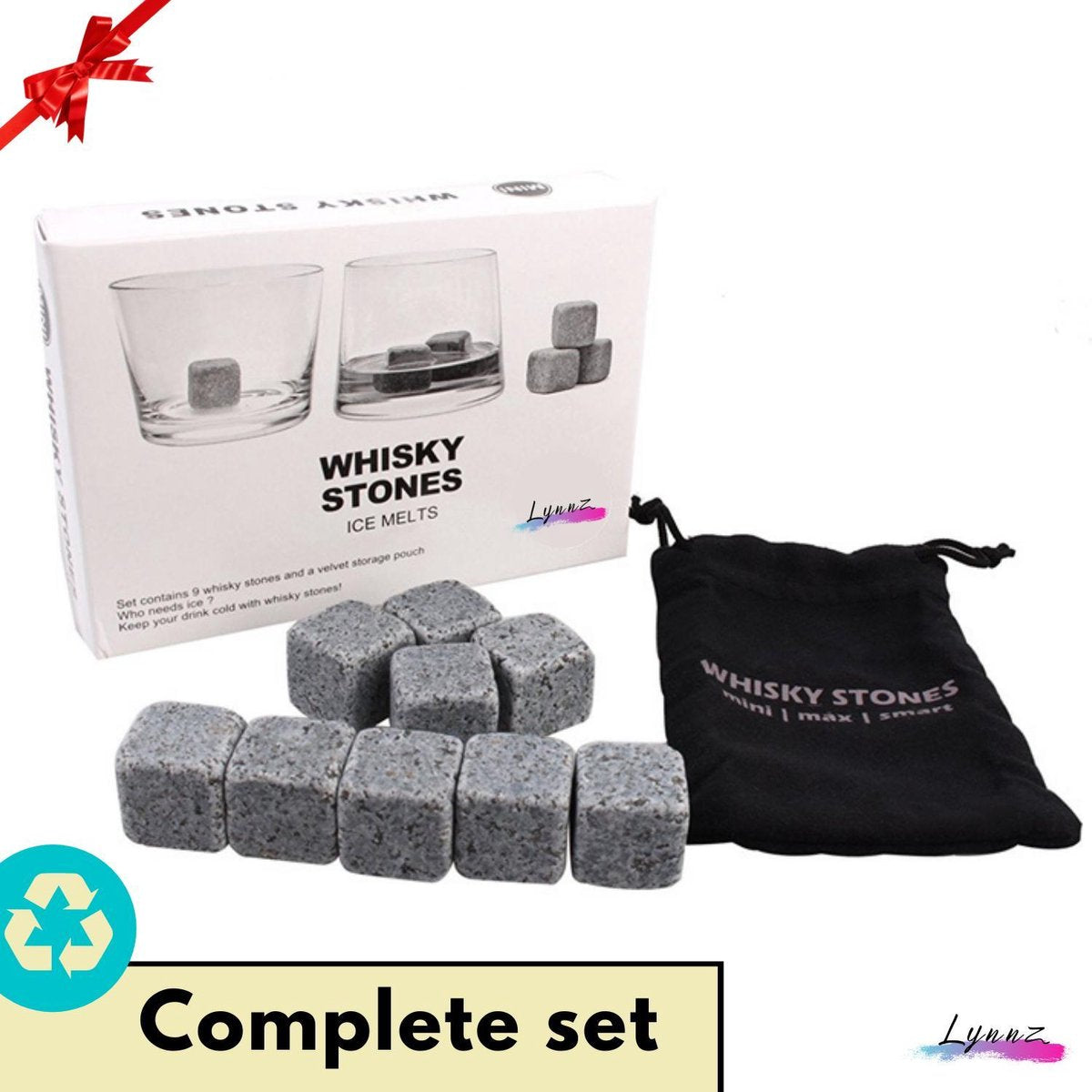Lynnz® Whiskey stones set van premium kwaliteit natuursteen | herbruikbare ijsblokjes - whiskeystones - whisky stones - whiskey stenen - geschenkset - 9 stuks