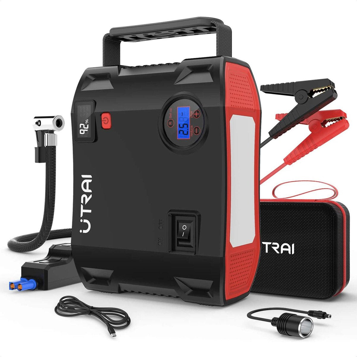 Utrai – 7-in-1 Jumpstarter – Starthulp – Met luchtcompressor – Acculader – Inclusief startkabels – Powerbank