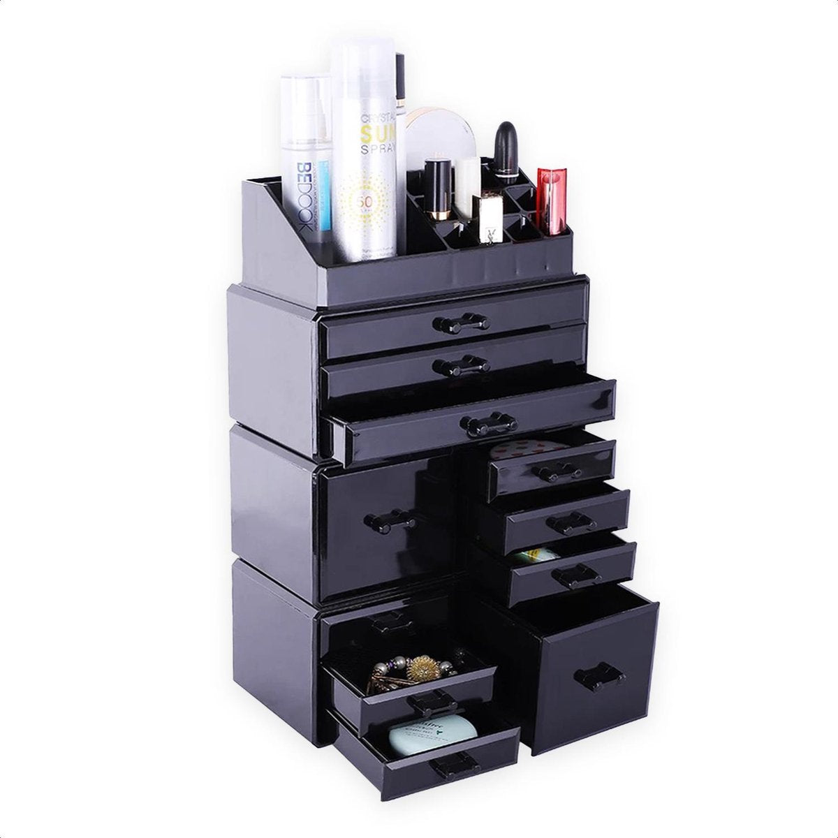 Confibel XXL Acryl Make-up Cosmetica Organizer - Verstelbare Lades - Sieraden/Make-up/Cosmetica Organizer - 11 compartimenten - Zwart