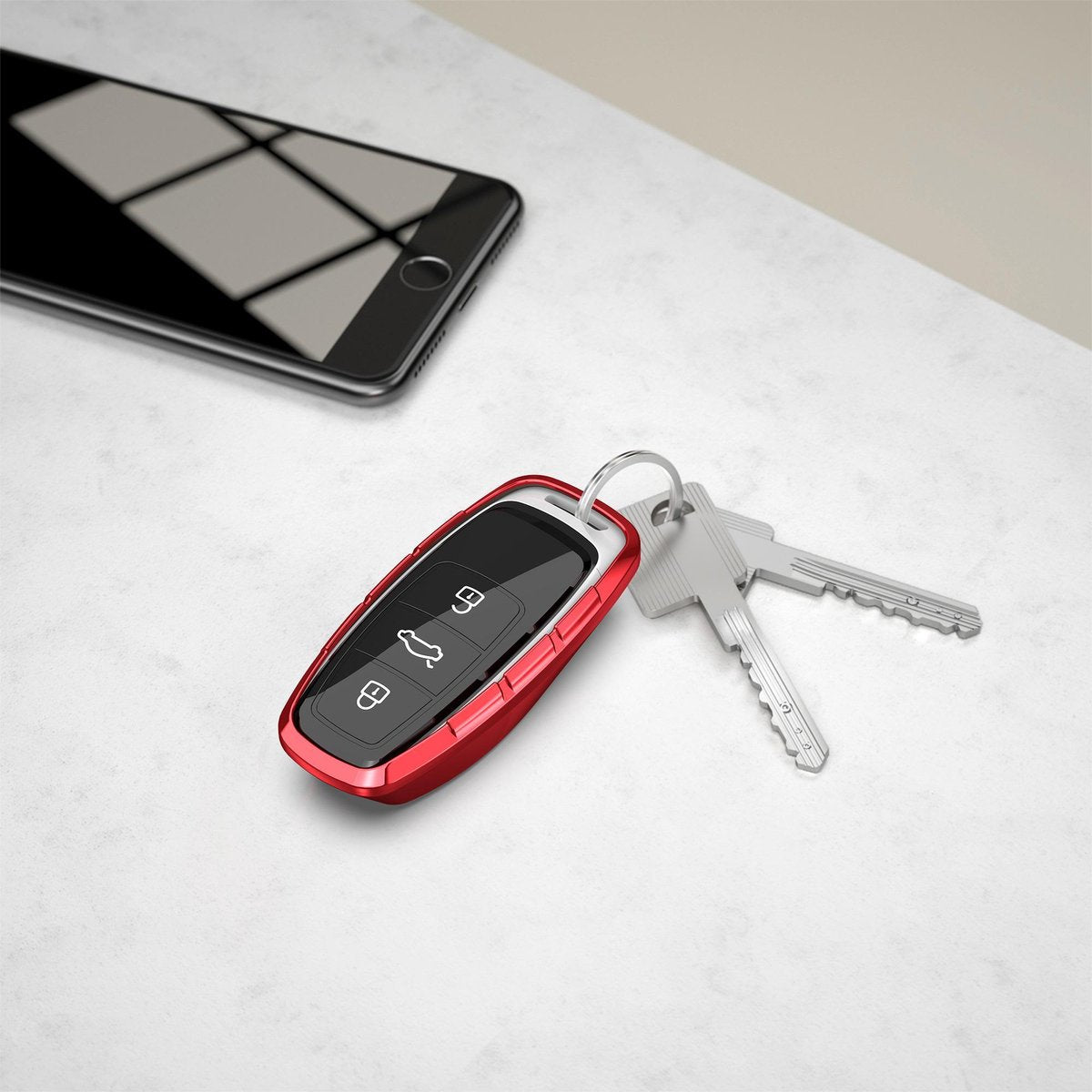 kwmobile autosleutelhoesje voor Audi A6 A7 A8 Q7 Q8 3-knops autosleutel Keyless - sleutelcover van TPU in rood / metallic donkerrood - Sneeuwbol met Sterren design