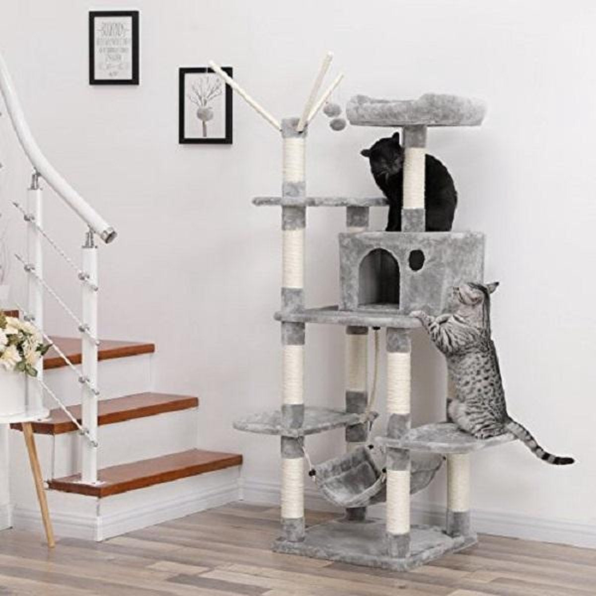 Feandrea Kattenboom Lichtgrijs XL - Krabpaal 154cm -  Klimboom Met Hangmat