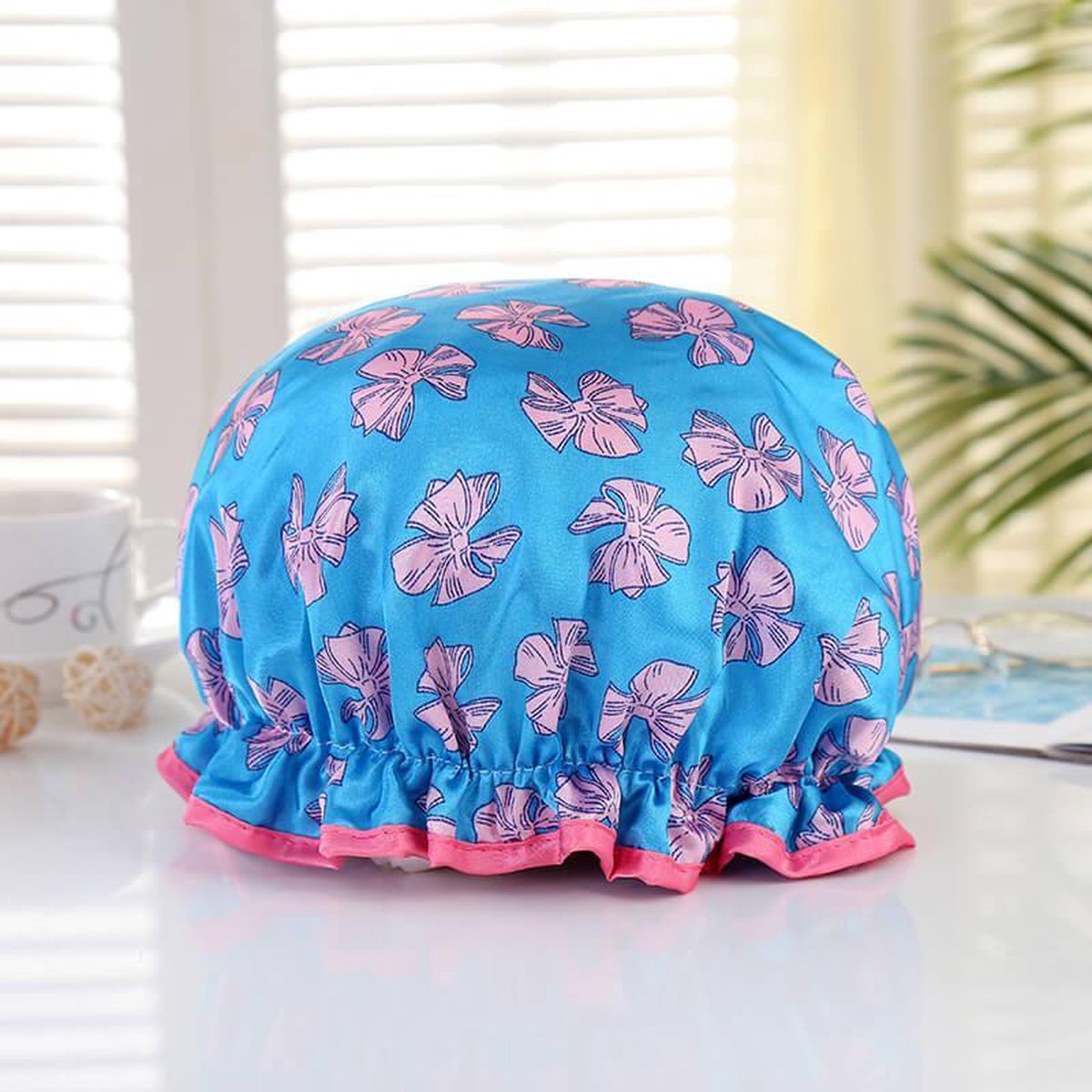 Afabs® Douchemuts / Shower cap / Douchekapje / Douchecap - Blauw met roze strikjes