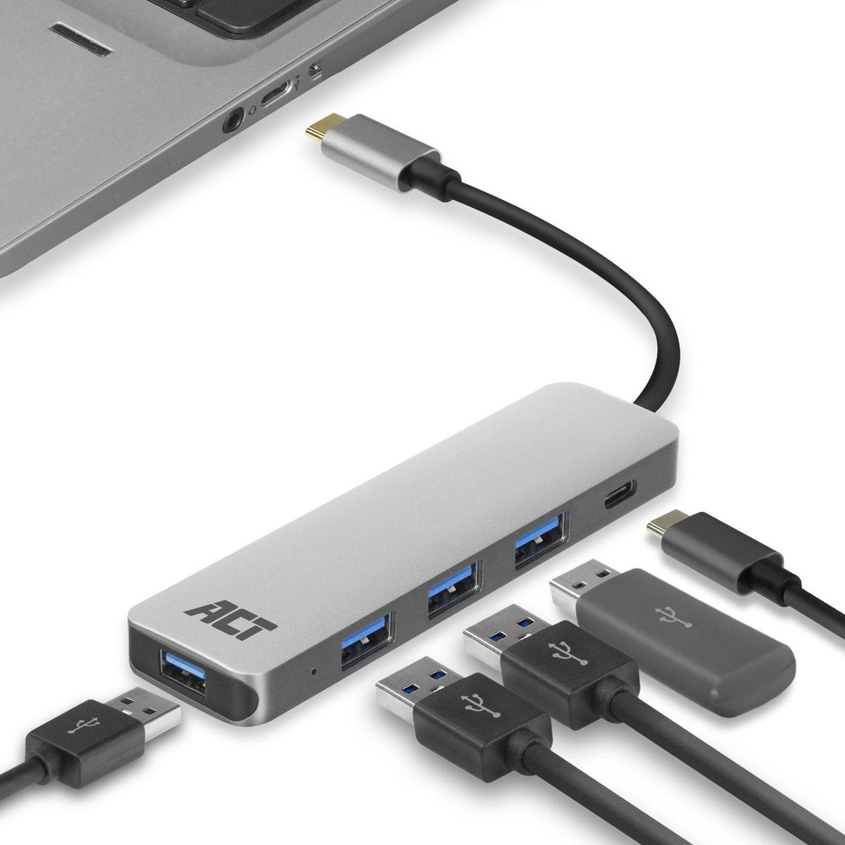 USB C Hub – 4-port USB 3.0 – 1-port USB C 60W PD – Premium aluminium behuizing – ACT 7053