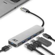 USB C Hub – 4-port USB 3.0 – 1-port USB C 60W PD – Premium aluminium behuizing – ACT 7053