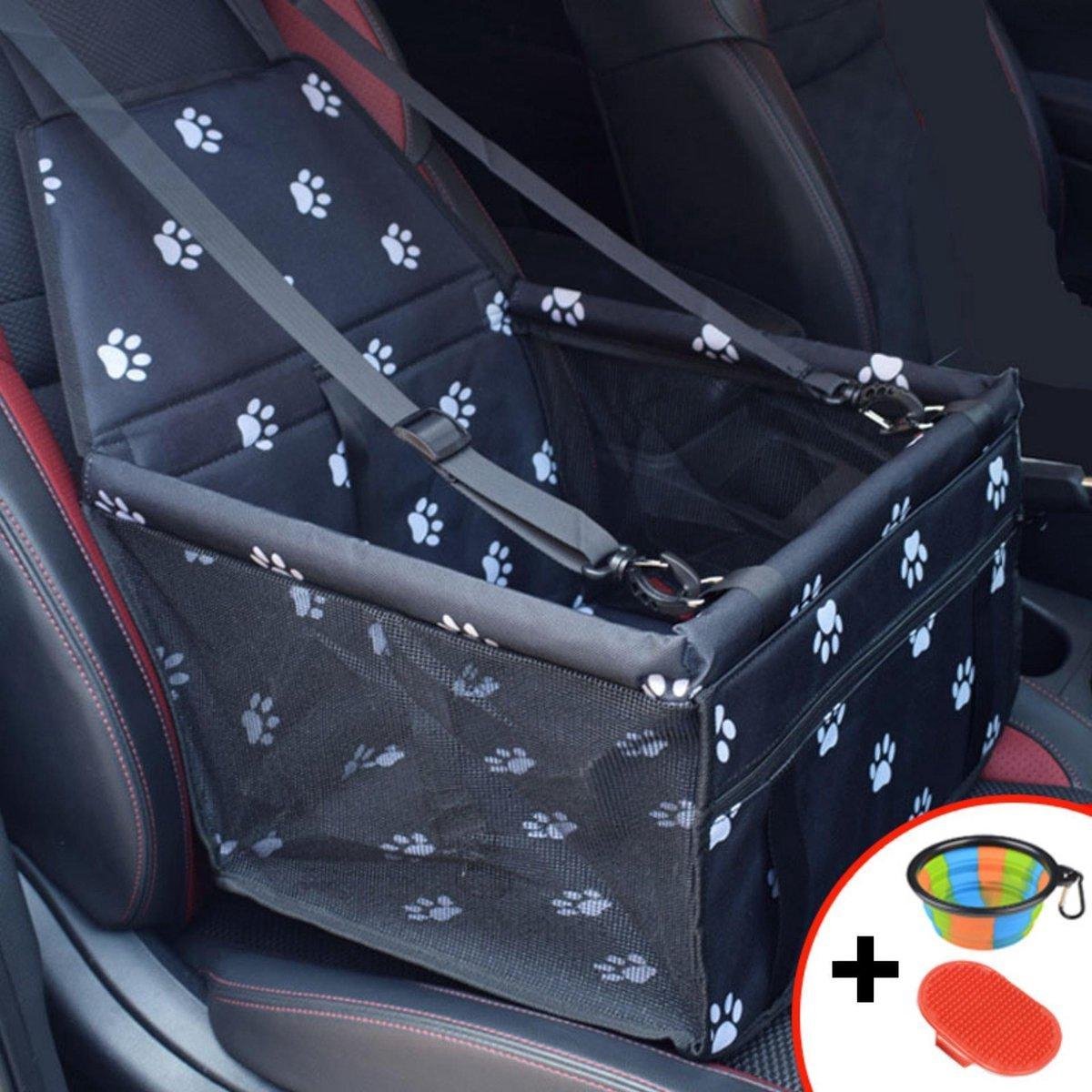 Ariko Autostoel hond / kat / puppy - opvouwbaar waterbestendig honden / kat zitje - Dieren zitje voor in de auto - Hondenmand - 40 x 40 x 25 cm - Incl Gratis opvouwbaar voerbakje en borstel - Veiligheidsband - Schone auto