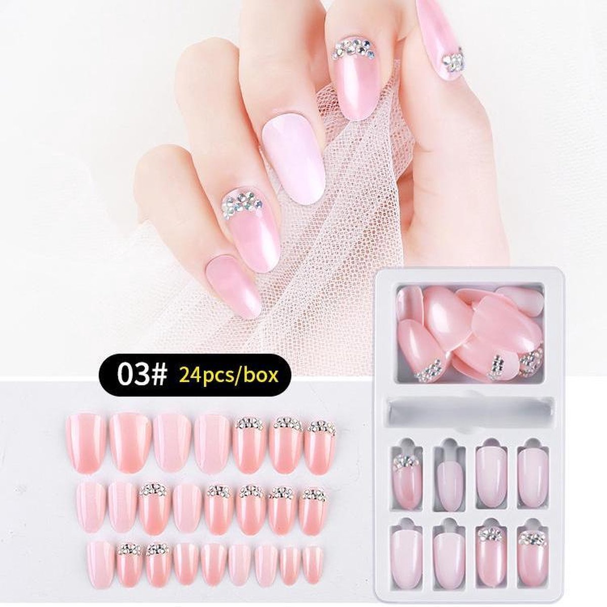 Herbruikbare Kunstnagels Strass #3 Roze 24st.