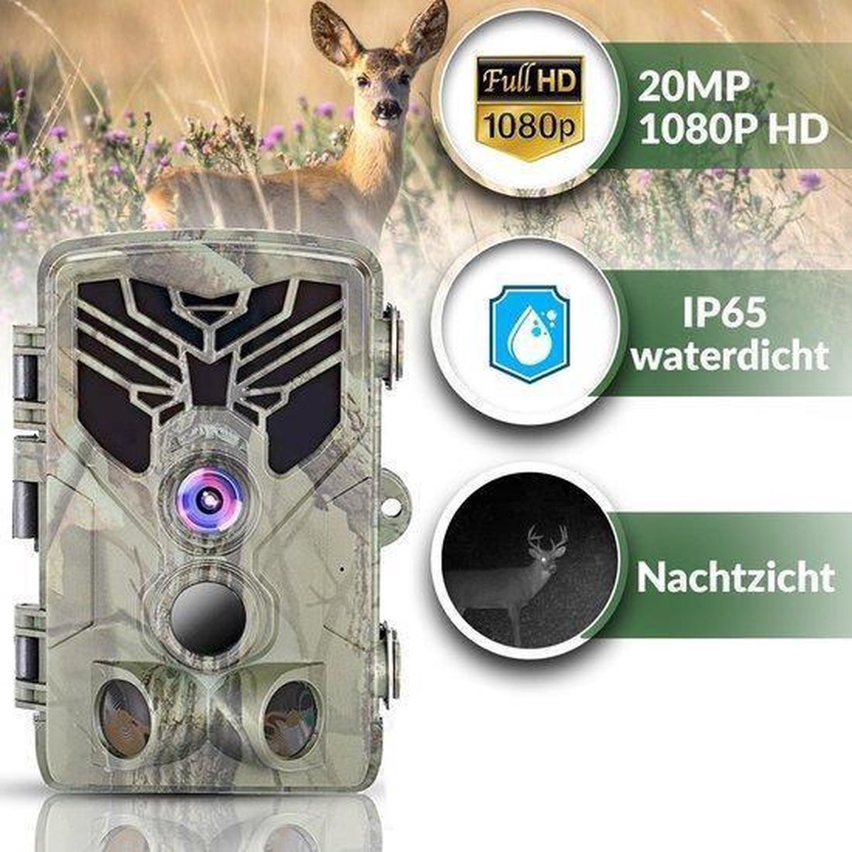 TECALL® - Wildlife Camera - Jachtcamera - Foto's + Video's - 20MP 1080P HD - IP65 Waterdicht - 25m Bewegingsdetectie - 120° detectiehoek - Wildcamera - Onzichtbare LED's (nachtzicht)