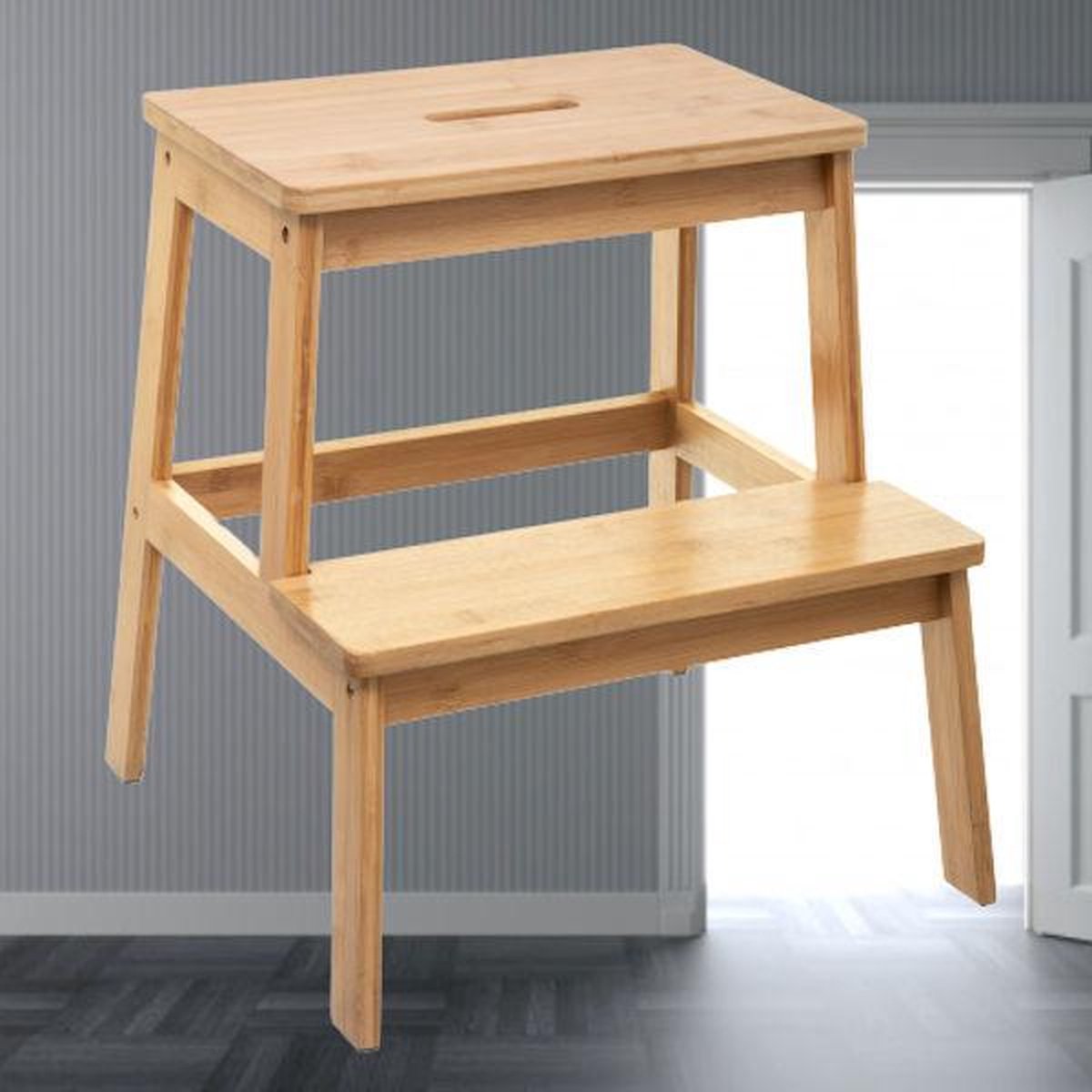 Decopatent® Keukentrap - Opstap Trap met 2 Treden - Bamboe Hout - Keukentrapje - Kruk - Tweestaps ladder - Keukentrap
