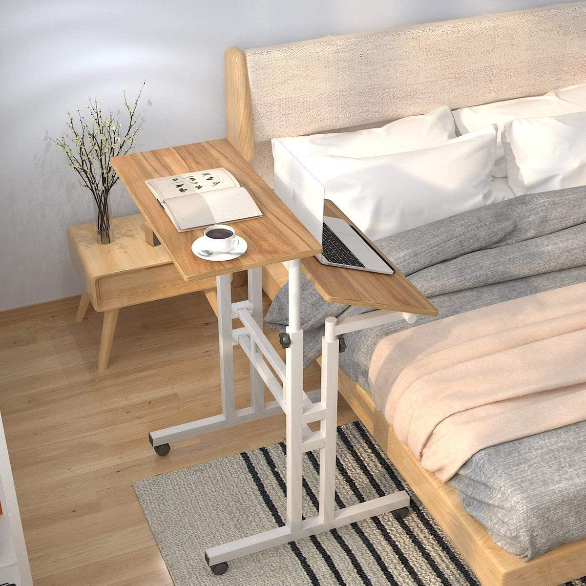 HN® Zit-Sta Laptoptafel Eikenhout | Tablet- werk en Computertafel | In hoogte verstelbaar | Multifunctioneel | Laptop tafel op wieltjes | 70 cm tot 115 cm | Bijzettafel Bureau
