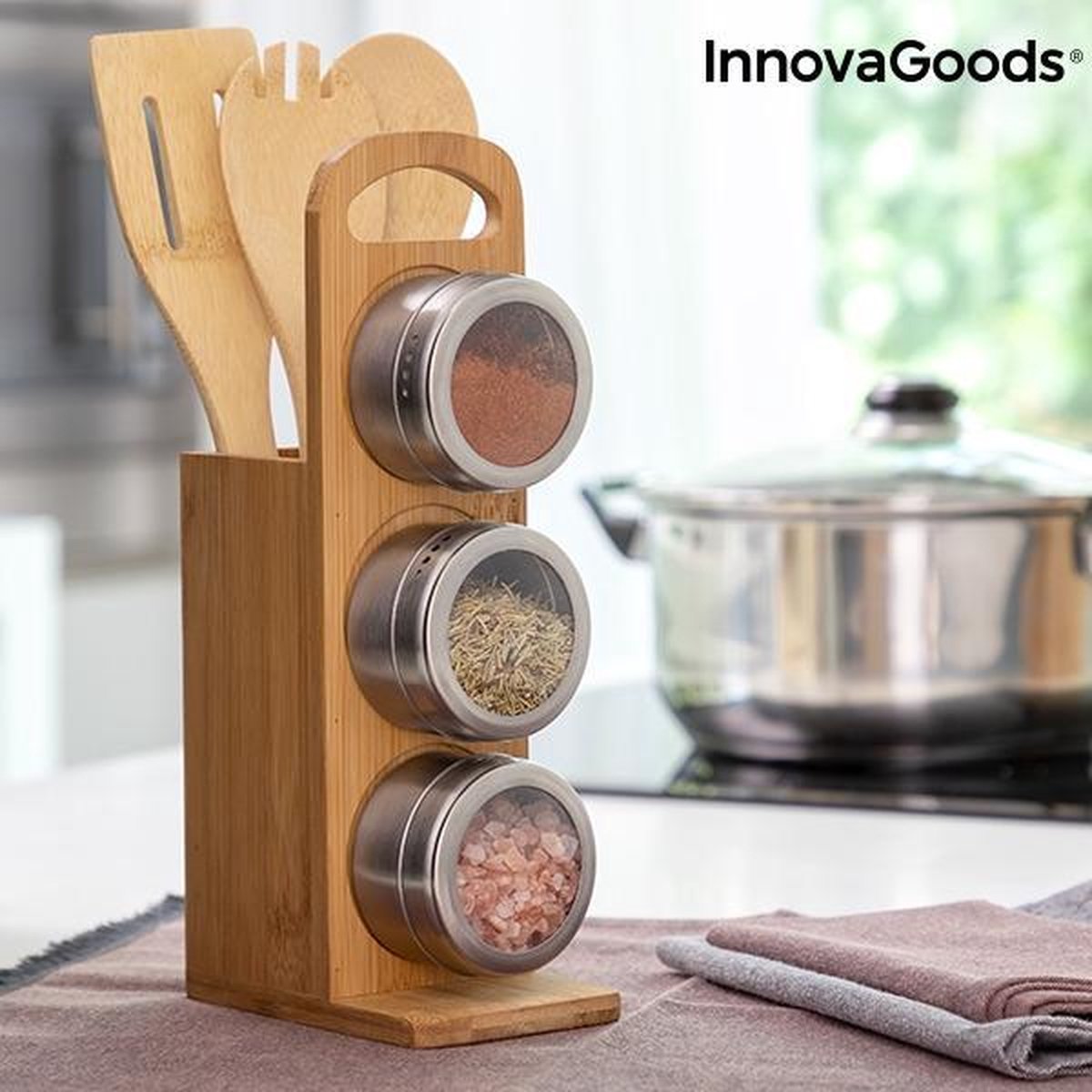Set Magnetische Kruidenrekken met Bamboe Keukengerei Bamsa InnovaGoods 7 Onderdelen